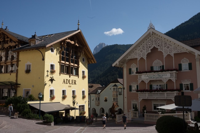 This is a photo of Ortisei, a popular resort town in the Dolomites in Italy during the Dolomite itinerary
