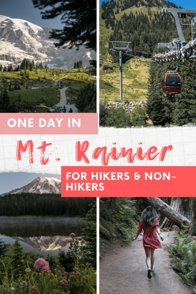 Pinterest Pin: One day Mount Rainier Itinerary for people who hike and don't hike with photos of different places in Mt. Rainier National Park