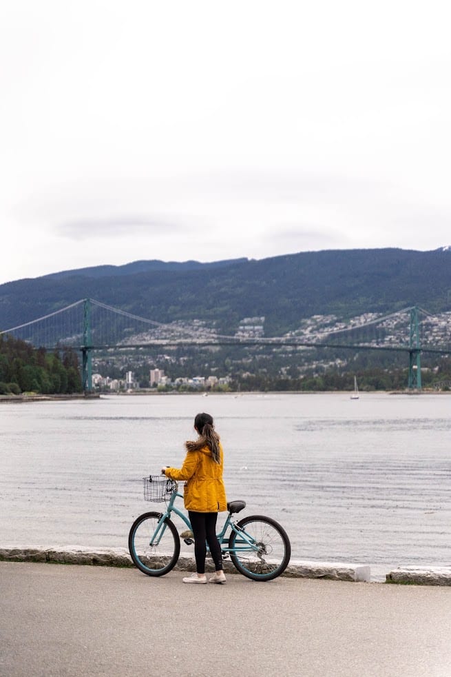 Stanley Park biking along the seawall with a view of Lions Gate Bridge