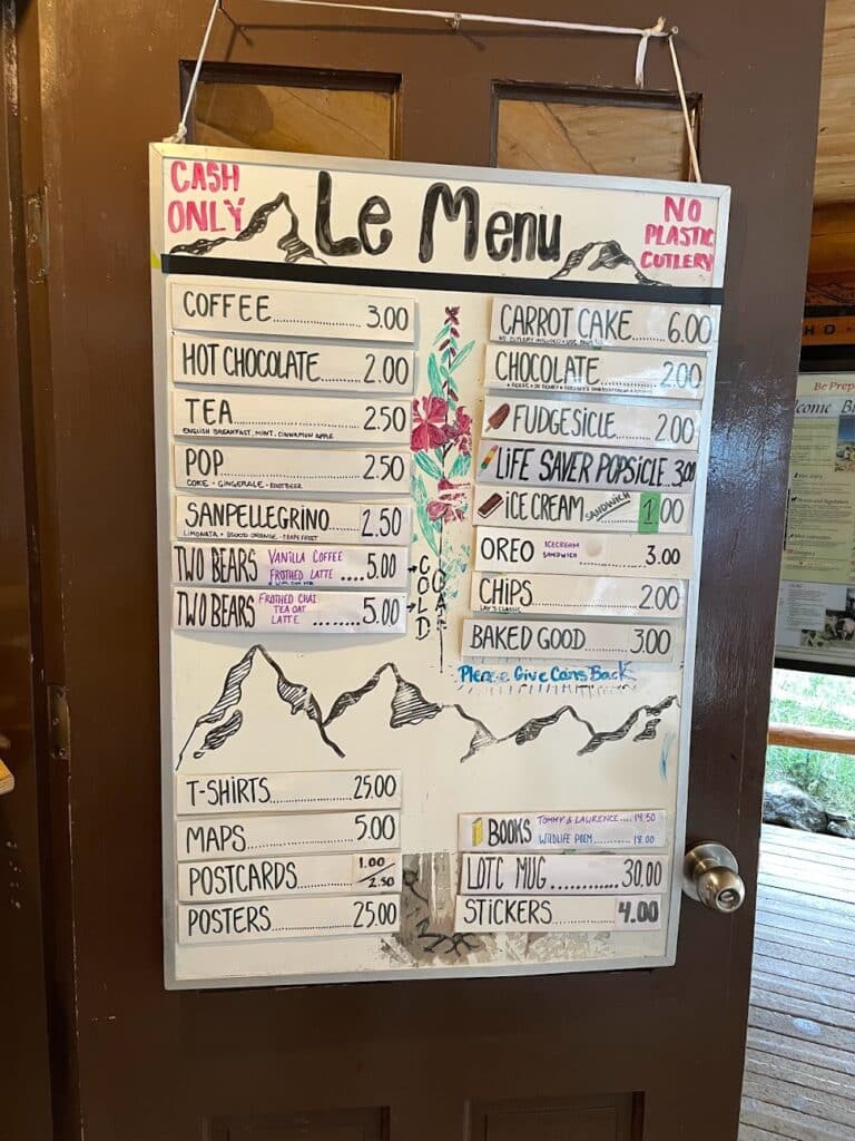Lake Ohara Day Shelter cafe menu