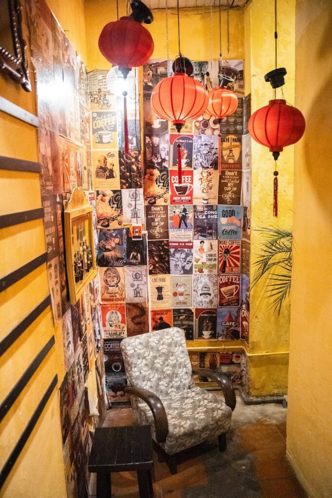 cute interior at Faifo Cafe in Hoi An. This should be added to your Hoi An itinerary as it is one of the best things to do in Hoi An