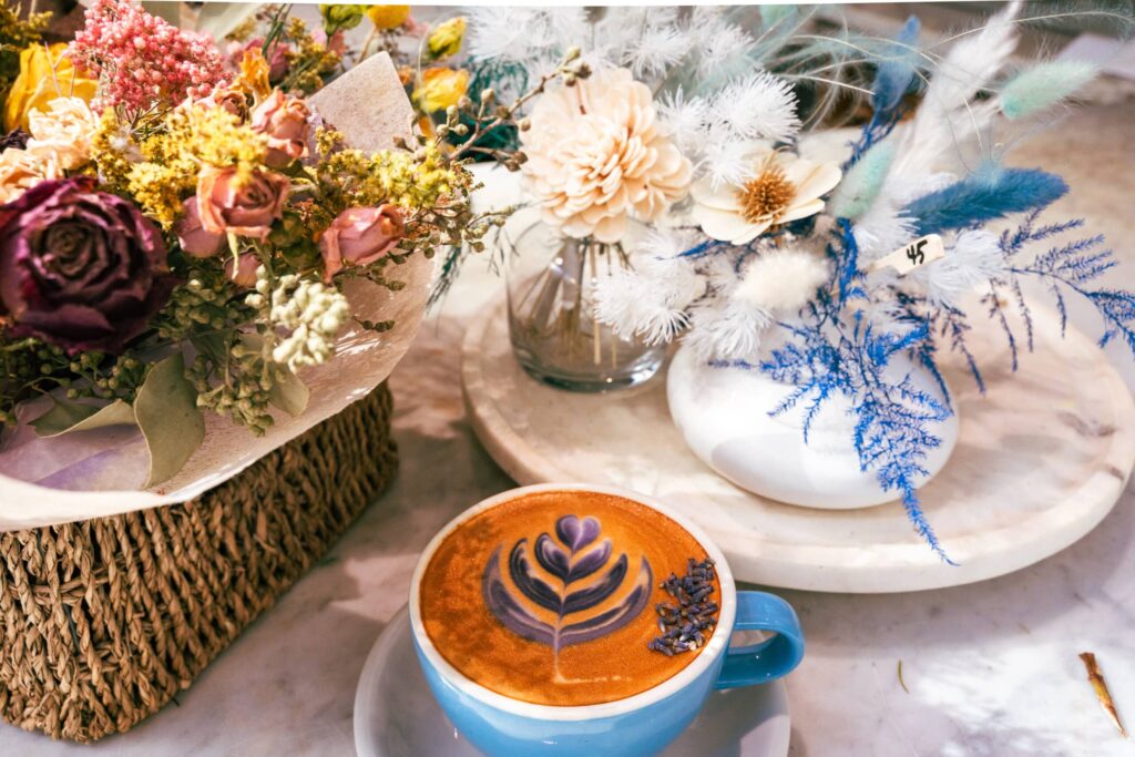 Remi43 Floral Cafe lavender latte drink instagram cafe in NYC