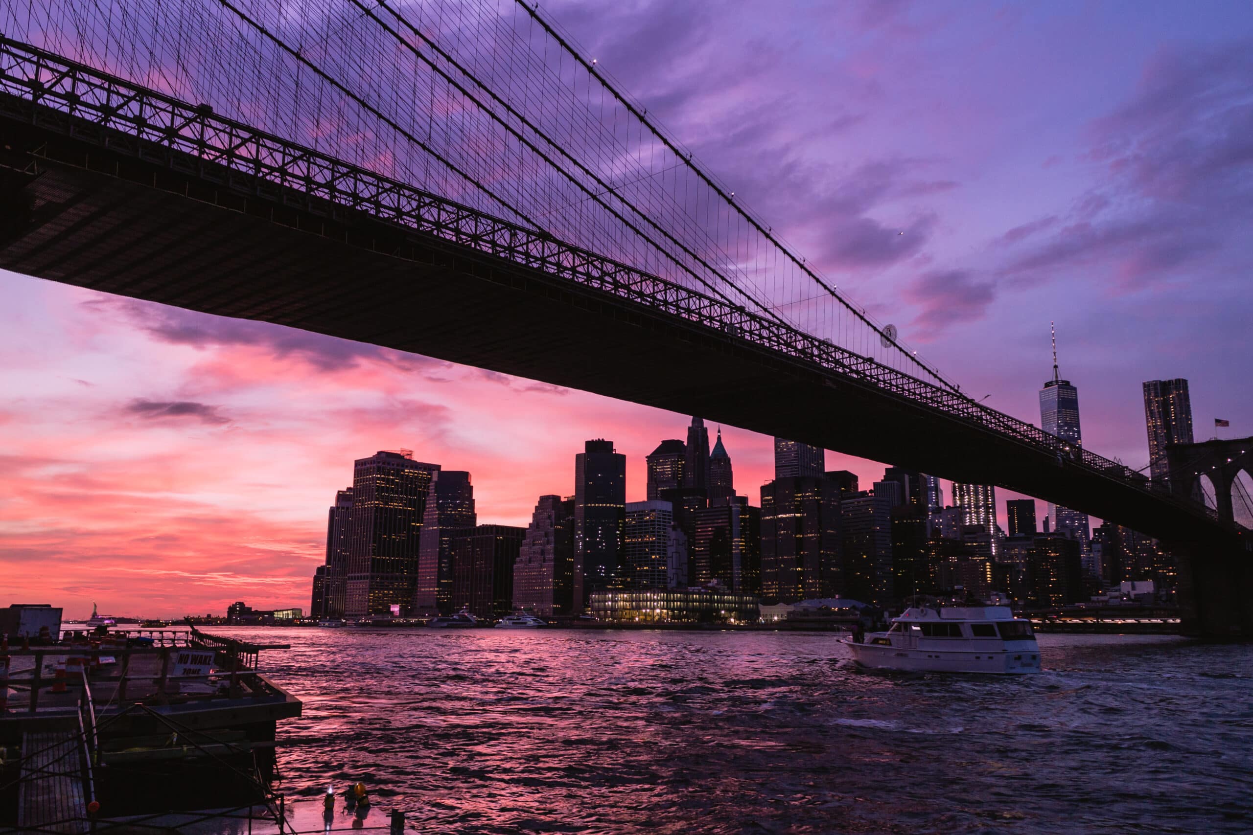 Brooklyn Bridge at Sunset with view of downtown Manhattan